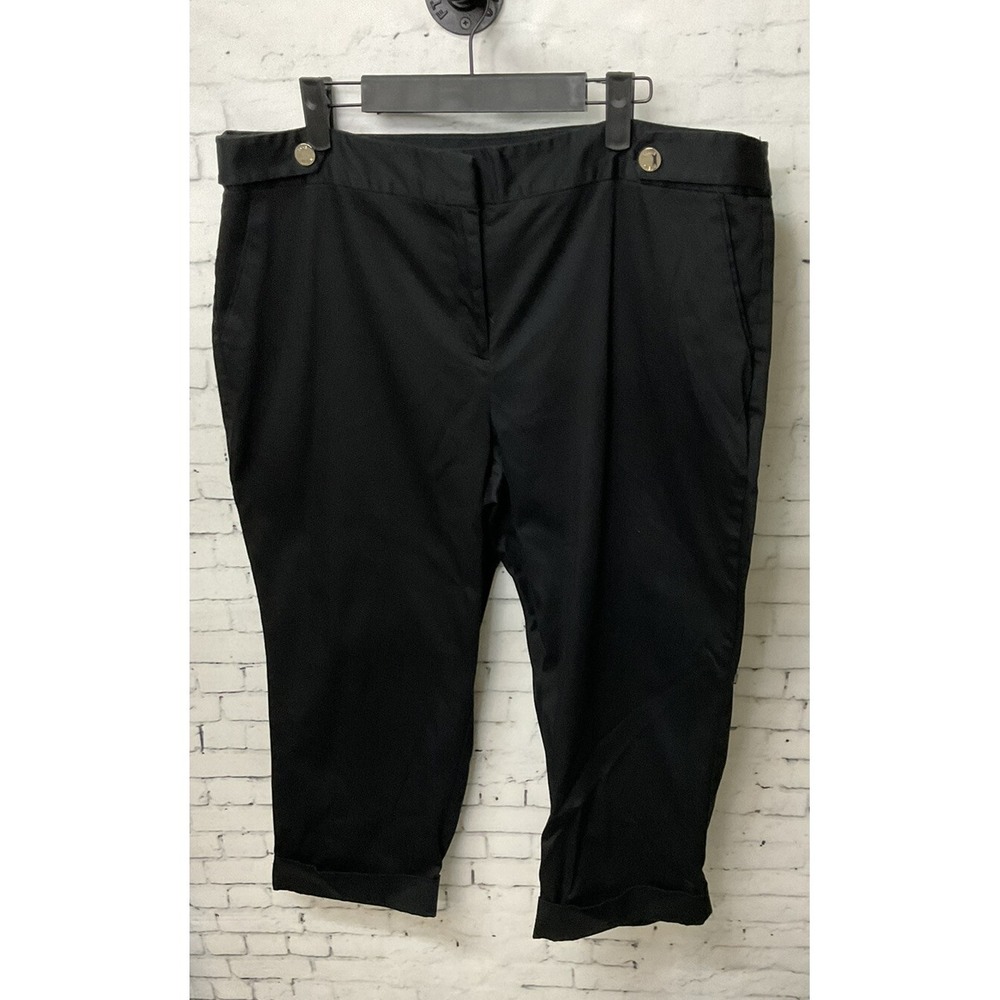 NWT Anne Klein Stretch Women Capri Crop Summer Pant Black Buttons Size 16 H1